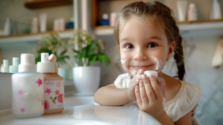 happy little white girl child smears face with skin care cream in bathroom. baby skin careの素材