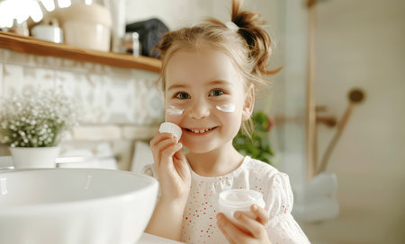 happy little girl child smears face with skin care cream in bathroom. baby skin careの素材