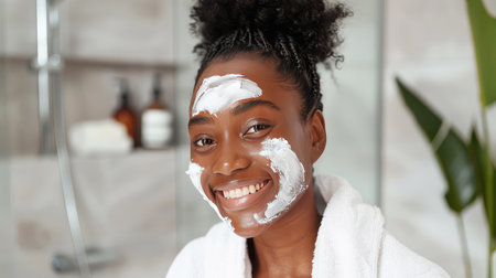happy black African American woman using face cream in the bathroom. facial skin careの素材