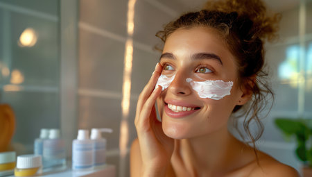 happy caucasian young woman applying face cream in the bathroom. facial skin careの素材