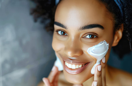 happy black African American woman using face cream in the bathroom. facial skin careの素材