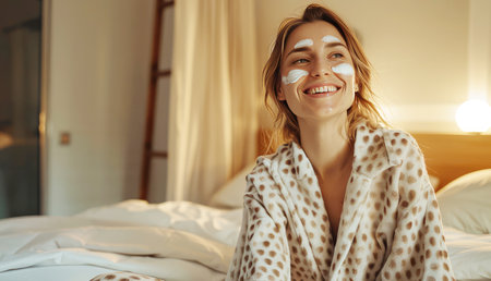 happy caucasian young woman using facial skin care cream in the evening in the bedroomの素材