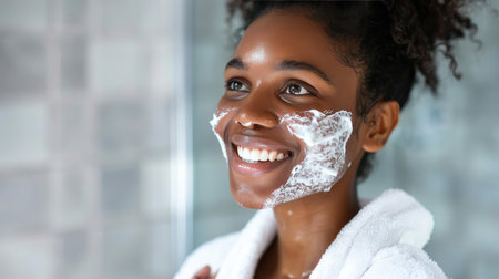 happy black African American woman using face cream in the bathroom. facial skin careの素材