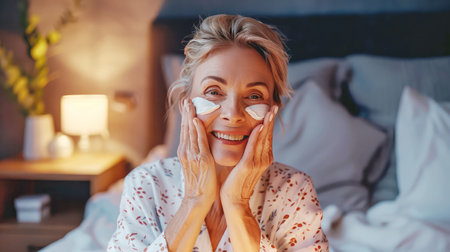 happy middle aged caucasian woman using facial skin care cream in the evening in the bedroomの素材