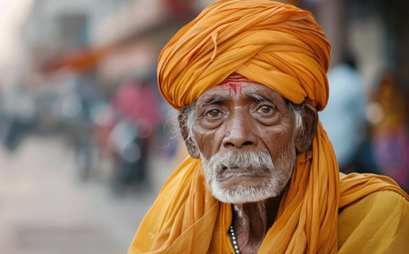 portrait of a native old Indian man in national clothes in the city, personifying the national image of an Indian manの素材