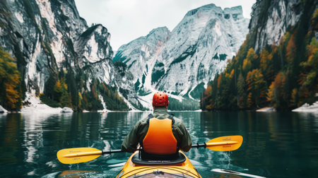 rear view of a man on a kayak floating on a serene mountain lake surrounded by steep cliffs and forestの素材