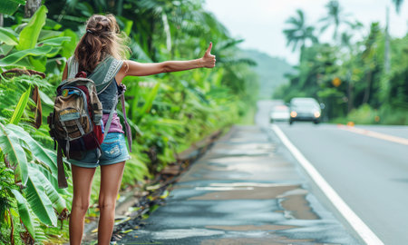 A young woman is hitchhiking. Woman trying to catch a passing car on a jungle roadの素材