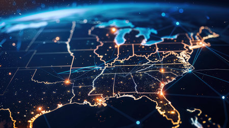 A view from space of an illuminated digital map of the United States, showing a dynamic network of connections and data flowの素材