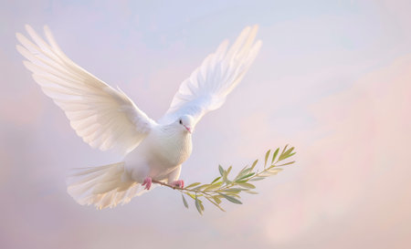 a white dove of peace in flight carrying a green olive branch against a background of a gentle pastel sky. Symbol of peace and pacifismの素材