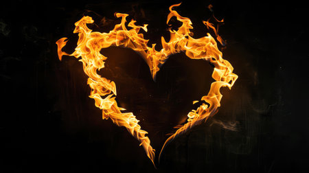 burning fire heart on black backgroundの素材