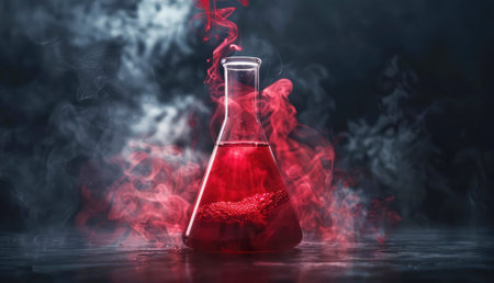 glass chemical flask with red smoking liquid on a dark backgroundの素材