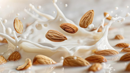 almonds floating in a splash of milk on a white background, almond milk conceptの素材