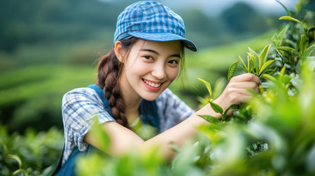 Young happy chinese woman picking tea on tea plantationの素材