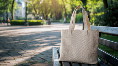Light textile tote bag standing on street bench in park on sunny summer day, mockup, copy spaceの素材