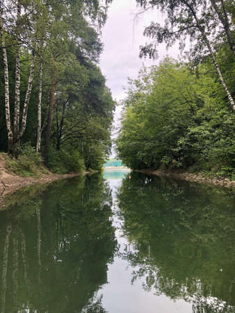 Secluded river in forest. Find a river, rent a boat, travel through the river and find most abandoned places.の写真素材