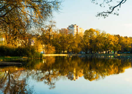 landscape, lakes park in autumn at which reflects part of the park areaの写真素材