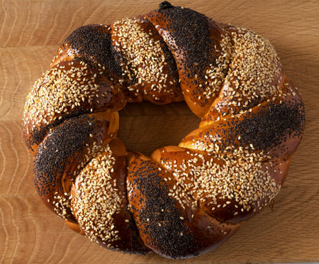 A sweet Slavic bun, made in the shape of a ring, called Kalach, on a wooden board