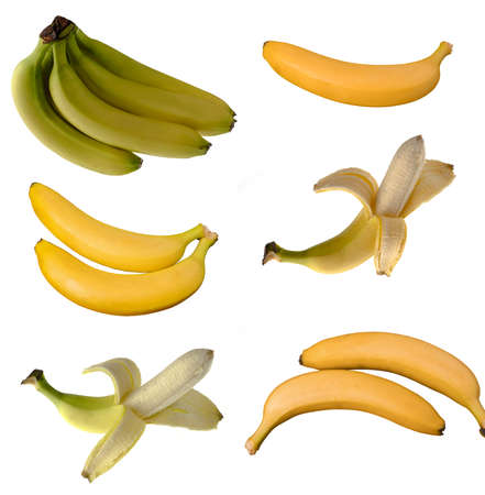 Collage of ripe bananas, whole and half peeled on white background isolatedの写真素材