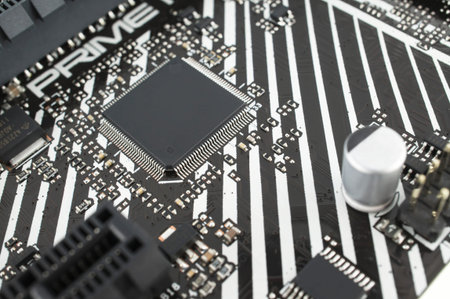 Part of a printed circuit board close-up, a spare part from a computer