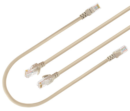 cable with RJ-45 connector, connector for wired internet connection on a white background
