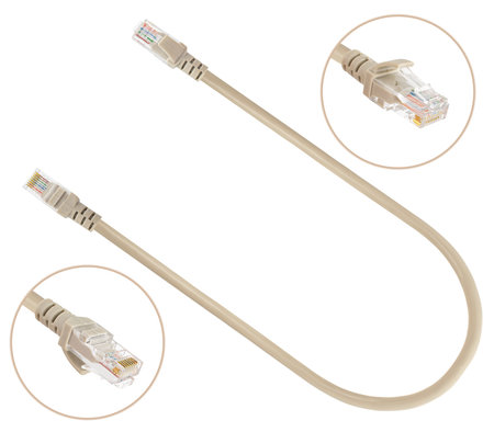 cable with RJ-45 connector, connector for wired internet connection on a white background