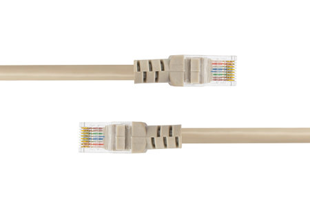 cable with RJ-45 connector, connector for wired internet connection on a white background