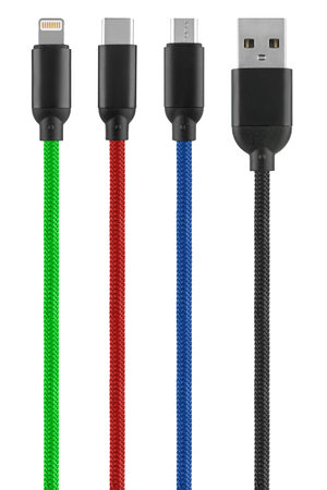 cable with Type-C microUSB USB Lightning connector, isolated on white background
