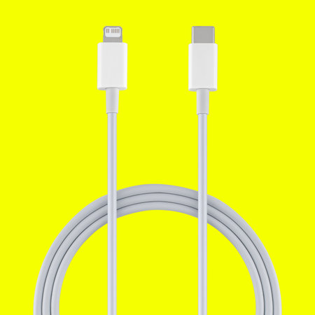 Type-C and Lightning cable and connector, insulated on yellow background.