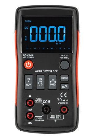 Modern multimeter with LCD screen on white background. On white background. Displays parameters with...