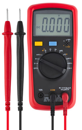 Digital multimeter for measuring voltage, current, and resistance on a white background. On a white...