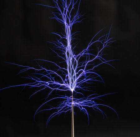 High-voltage discharge from a Tesla coil with bright plasma branches and glowing arcs.