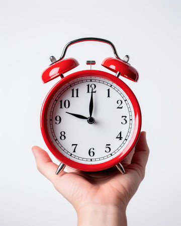 Alarm clock. An old alarm clock. Alarm clock in hand.の素材