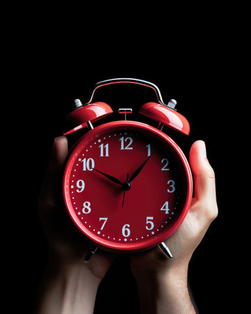 Alarm clock. An old alarm clock. Alarm clock in hand.の素材
