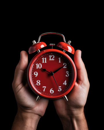 Alarm clock. An old alarm clock. Alarm clock in hand.の素材