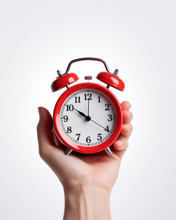 Alarm clock. An old alarm clock. Alarm clock in hand.の素材