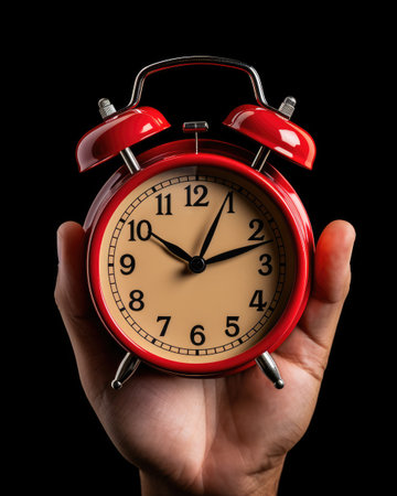 Alarm clock. An old alarm clock. Alarm clock in hand.の素材