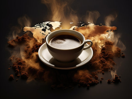 Coffee and peace. A cup of coffee against the background of the world. Peace and coffee. The globe and coffee.の素材