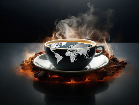Coffee and peace. A cup of coffee against the background of the world. Peace and coffee. The globe and coffee.の素材