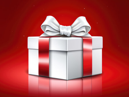 Red box with a white bow. Gift in a red boxの素材