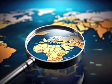 A magnifying glass and a map of the world. The world through a magnifying glass.の素材