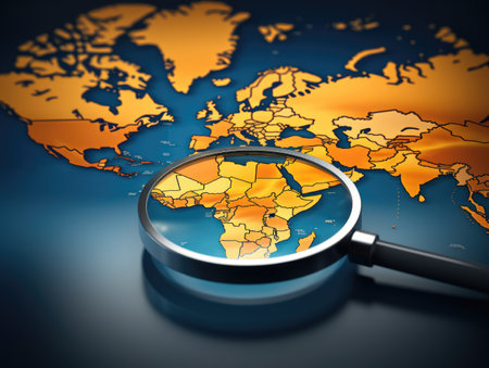 A magnifying glass and a map of the world. The world through a magnifying glass.の素材