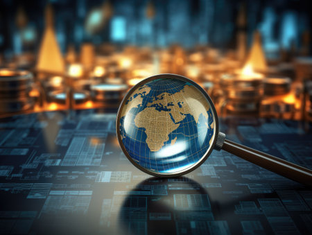 A magnifying glass and a map of the world. The world through a magnifying glass.の素材