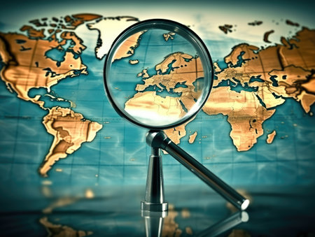 A magnifying glass and a map of the world. The world through a magnifying glass.の素材