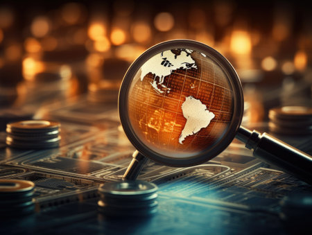 A magnifying glass and a map of the world. The world through a magnifying glass.の素材