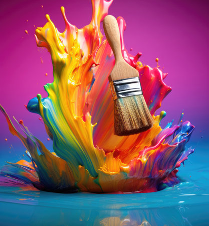 A brush with rainbow paint. Rainbow paint. Paint brush.の素材