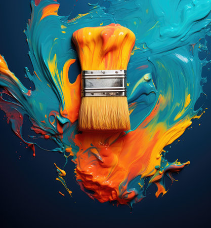 A brush with rainbow paint. Rainbow paint. Paint brush.の素材