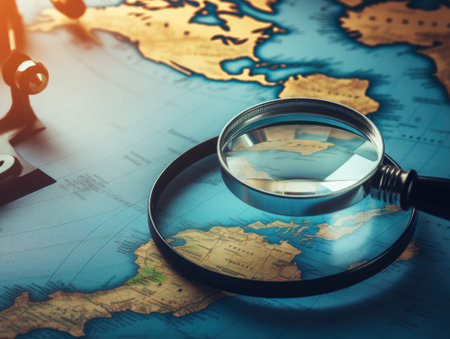 A magnifying glass and a map of the world. The world through a magnifying glass.の素材