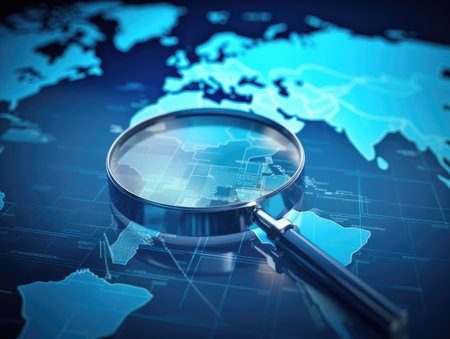 A magnifying glass and a map of the world. The world through a magnifying glass.の素材