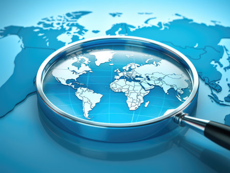 A magnifying glass and a map of the world. The world through a magnifying glass.の素材