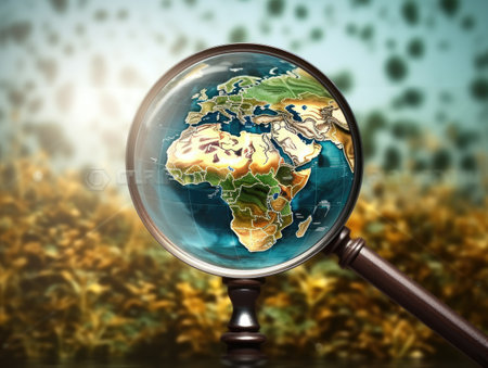 A magnifying glass and a map of the world. The world through a magnifying glass.の素材